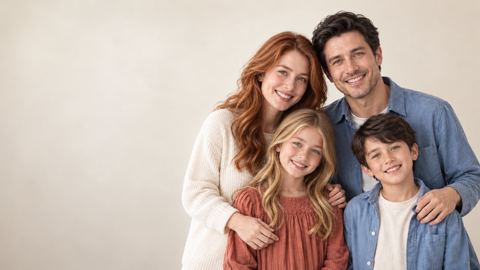 Parents and their two children smiling together with fresh, everyday hairstyles