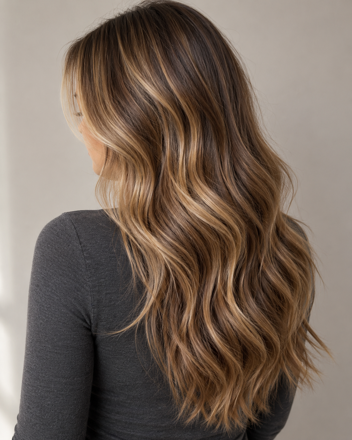 Honey-blonde highlights blended through long brown waves, viewed from behind