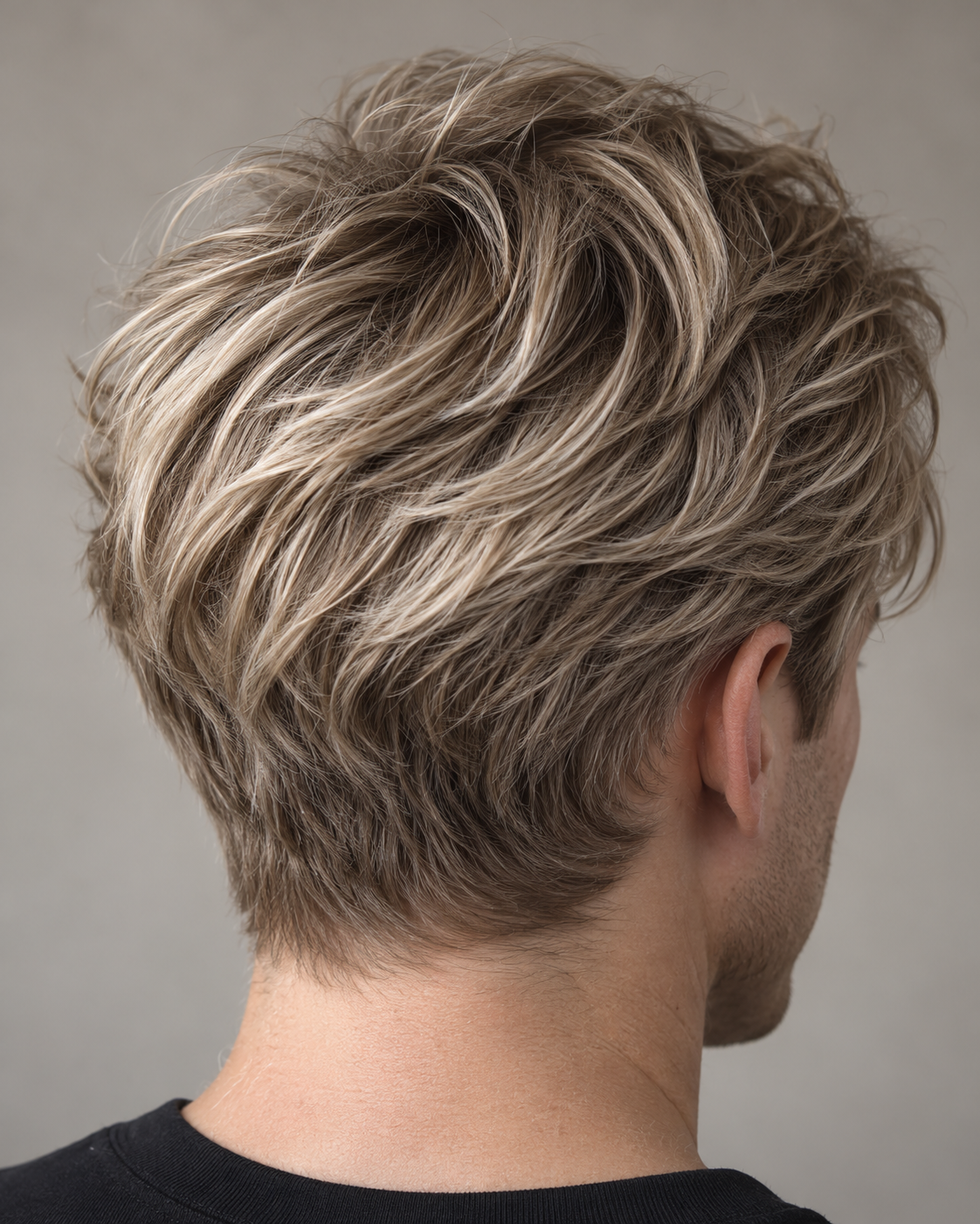 Rear view of textured men’s hair with a cool ash-blonde colour finish