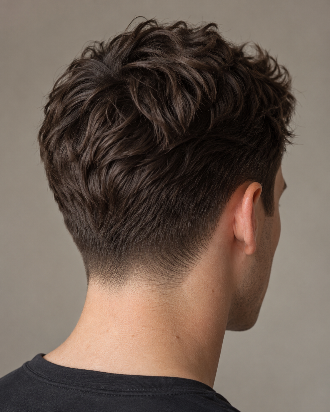 Rear view of a textured brunette men’s haircut with a clean low taper