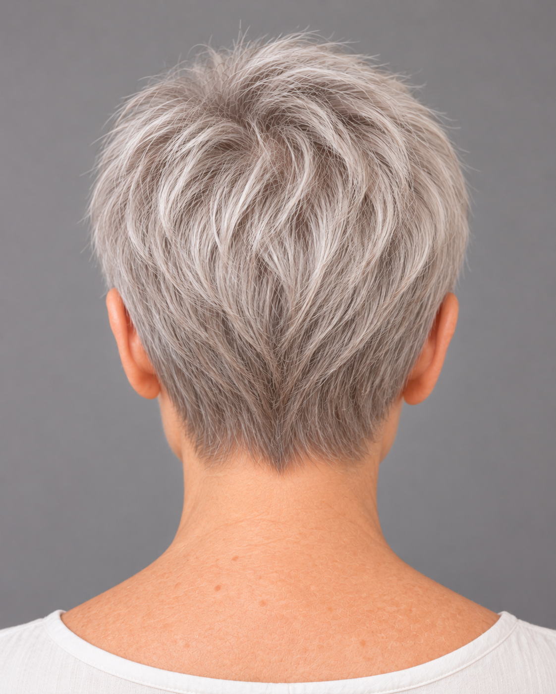Rear view of a short silver-grey pixie cut with soft layers and a tidy tapered nape