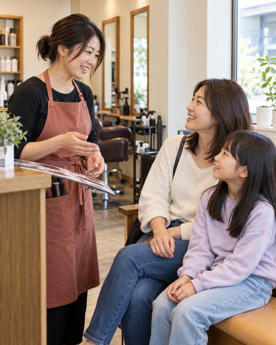 A stylist chatting with a mother and daughter in a welcoming salon