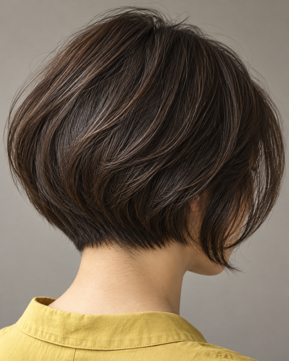 Close rear view of a sculpted short brunette bob and clean nape