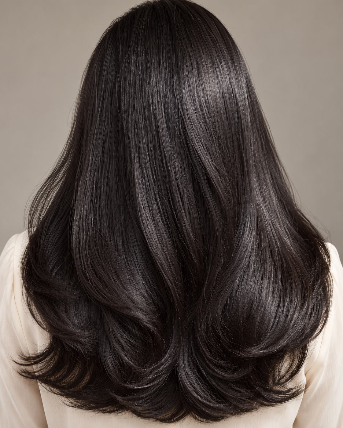 Rear view of a glossy black silk blowout with softly curved ends